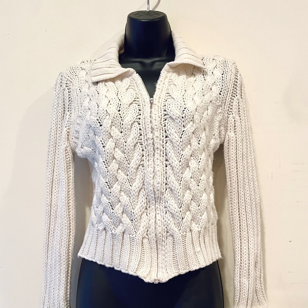 Off-white Italian Wool Cable Knit Zip-Front Cropped Sweater with Faux Fur Cuffs.